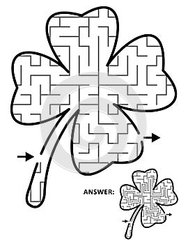 St Patrick`s Day maze or labyrinth, shaped as four-leaf clover. Answer included. photo